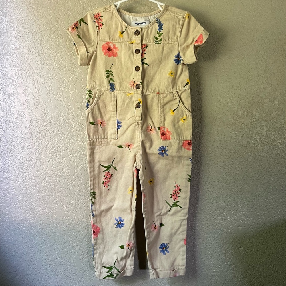 Old Navy Little Girls 3T Khaki Floral 100% Cotton Button Casual Jumpsuit Pockets